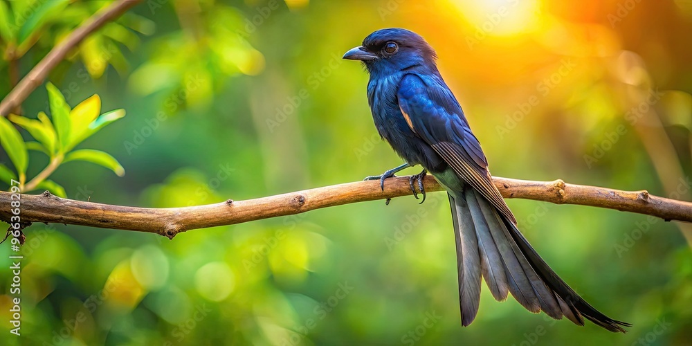 Obraz premium A majestic black drongo perches on a sun-drenched branch, its sleek plumage glistening, with outstretched wings and sharp eyes scanning the surrounding verdant landscape.