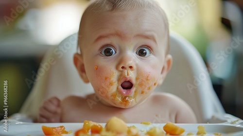 Messy-faced baby with wide-eyed expression of surprise sits in high chair after enthusiastically eating orange fruit, creating adorable and humorous mealtime scene.