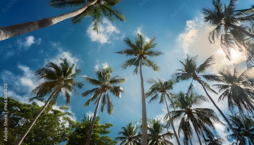 Low angle view from below of coconut palm tree against cloud and blue sky Low angle view from below of coconut palm tree against cloud and blue sky
