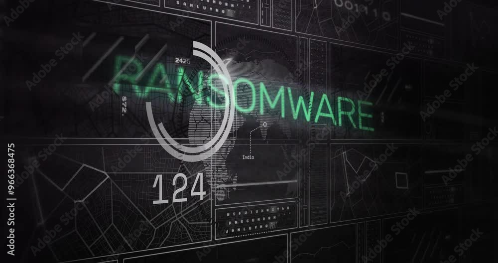 Animation of network of connections over data processing and ransomware text Animation of network of connections over data processing and ransomware text