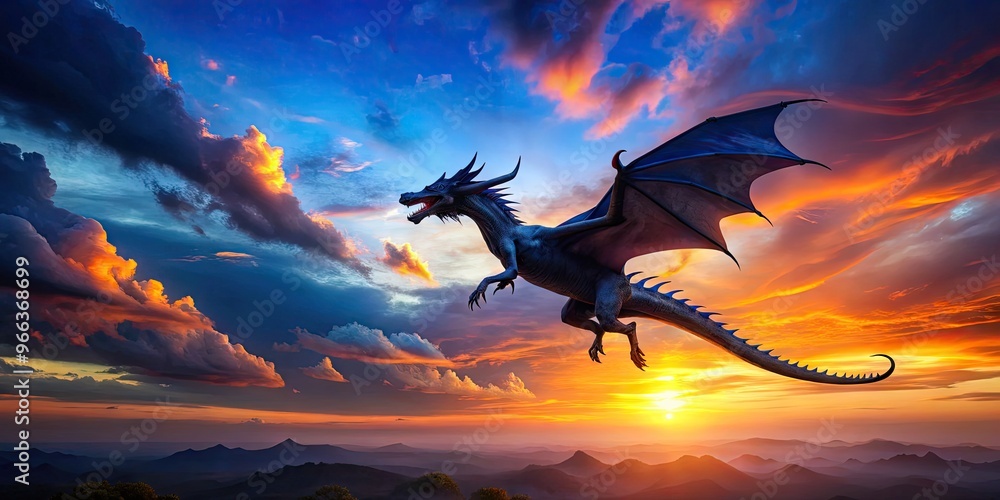 A majestic dragon soars through a deep blue sky at sunset, its dark silhouette contrasting sharply with the vibrant orange and pink hues of twilight. A majestic dragon soars through a deep blue sky at sunset, its dark silhouette contrasting sharply with the vibrant orange and pink hues of twilight.