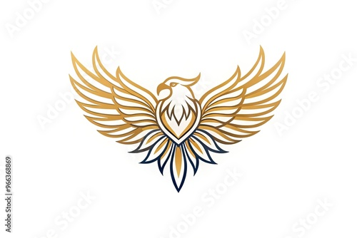 A majestic eagle with outstretched wings forms the centerpiece of a modern, minimalist logo concept, surrounded by stylized feathers and abstract shapes. photo