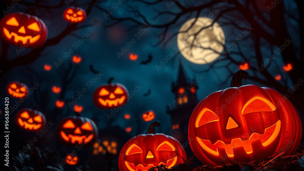 Jack O' Lanterns Glowing In Fantasy Night. Halloween Background Jack O' Lanterns Glowing In Fantasy Night. Halloween Background
