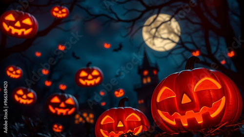 Jack O' Lanterns Glowing In Fantasy Night. Halloween Background 