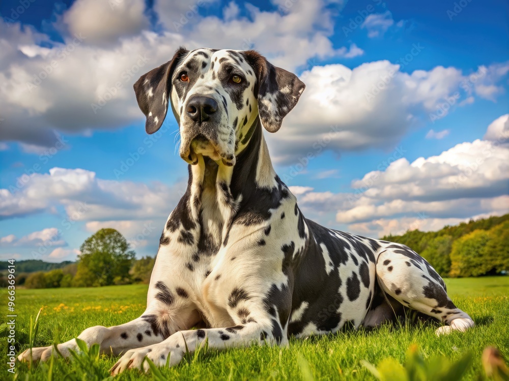 A majestic spotted Great Dane with a gentle expression lies calmly on a sunny meadow, its massive size and striking coat pattern on display.