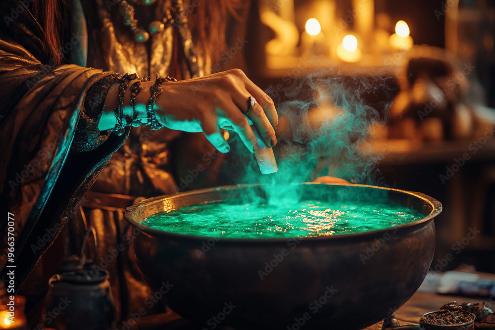 Witch Stirring a Cauldron with Glowing Green Potion Witch Stirring a Cauldron with Glowing Green Potion