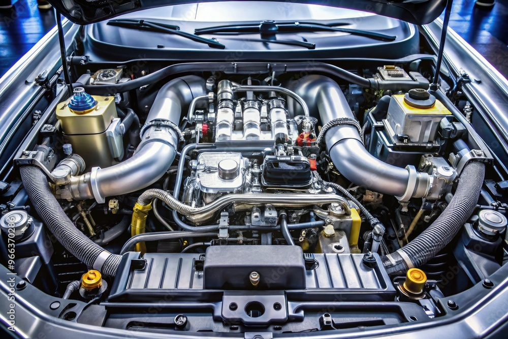 A marvelously detailed, well-lit, and intricately wired automotive engine compartment showcases a powerful V6 engine, surrounded by various mechanical components and hoses. A marvelously detailed, well-lit, and intricately wired automotive engine compartment showcases a powerful V6 engine, surrounded by various mechanical components and hoses.