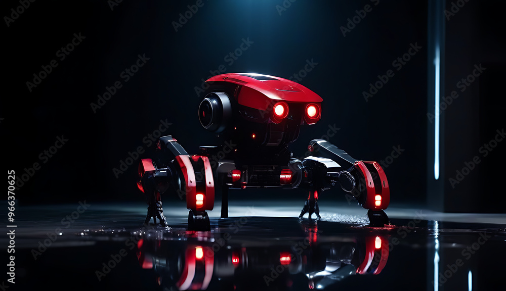 Fototapeta premium futuristic killing machine cyborg robot pool puddle blood dark background black red contrast full view