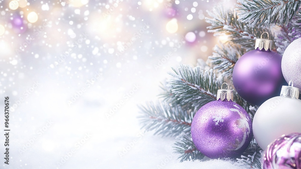 Decorative purple and silver ornaments among snowy pine branches during a festive winter season celebration Decorative purple and silver ornaments among snowy pine branches during a festive winter season celebration