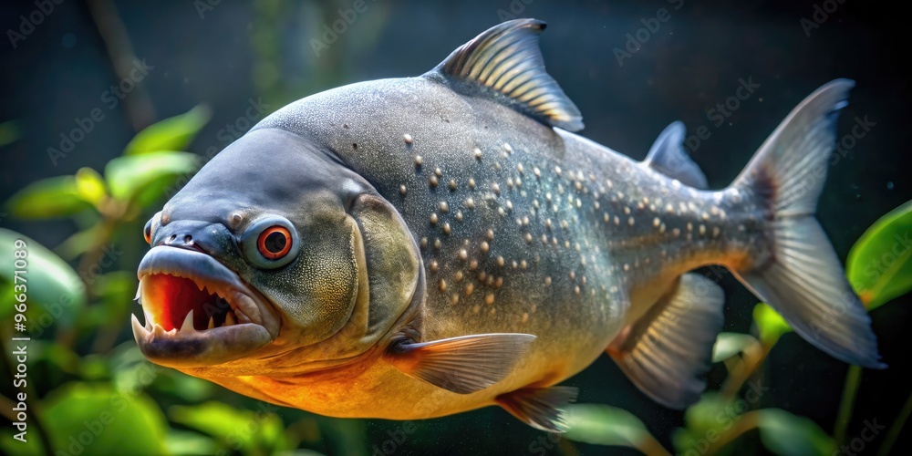 A menacing piranha fish with sharp, pointed teeth and a silver scales body swims in the murky waters of the Amazon river basin. A menacing piranha fish with sharp, pointed teeth and a silver scales body swims in the murky waters of the Amazon river basin.