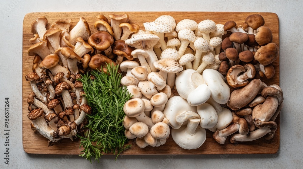 A top-down view of a variety of fresh mushrooms arranged on a wooden cutting board, ready for cooking, emphasizing their texture and diversity. A top-down view of a variety of fresh mushrooms arranged on a wooden cutting board, ready for cooking, emphasizing their texture and diversity.