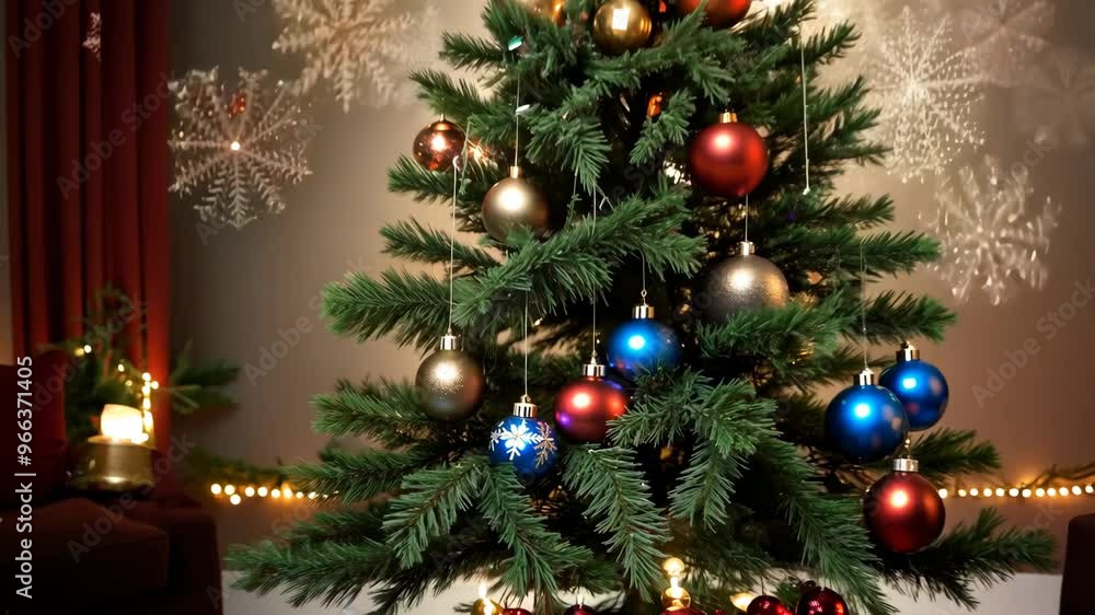 The camera gradually zooms out from a cluster of colorful baubles nestled among pine needles
. The camera gradually zooms out from a cluster of colorful baubles nestled among pine needles
.