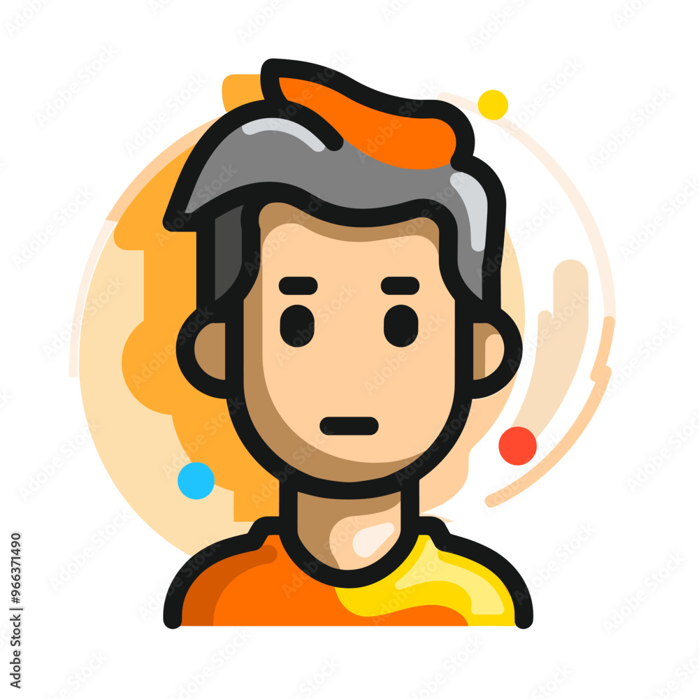 A man with a serious expression on his face. He is wearing a yellow shirt and orange pants