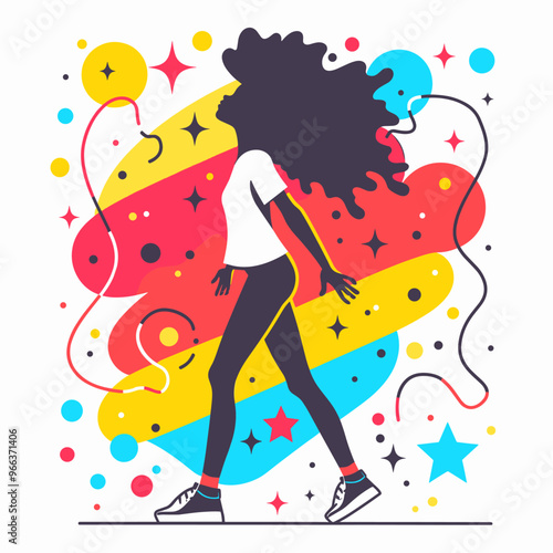 A woman with long hair is dancing in a colorful background with stars and balloons. Concept of joy and celebration