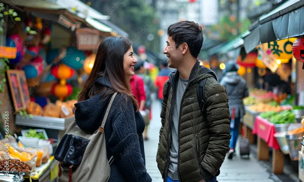 A couple embarking on a food tour of a lively street market, sampling diverse cuisines and flavors. Video A couple embarking on a food tour of a lively street market, sampling diverse cuisines and flavors. Video