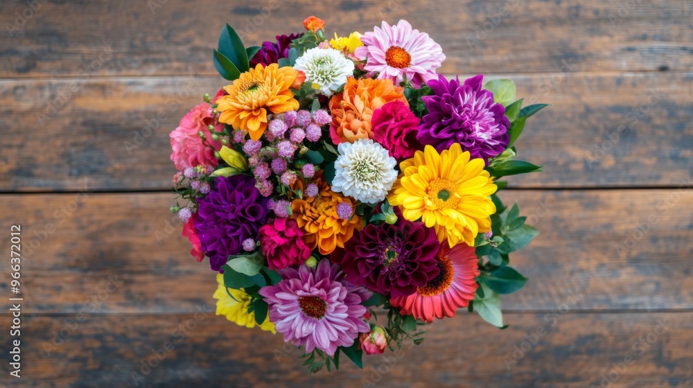 custom made wallpaper toronto digitalA top-down view of a vibrant bouquet of mixed flowers arranged in a round shape, with a variety of colors and textures, set on a wooden table