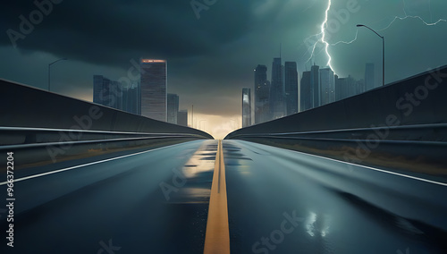 highway leading stormy city image depicts end world city destruction water destruction photo