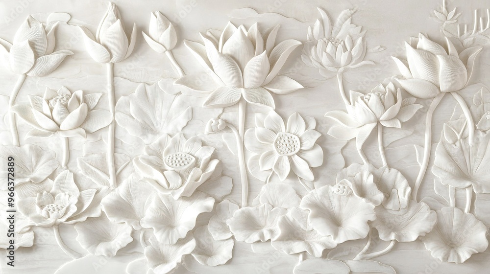 Intricate white relief sculpture of lotus flowers and plants showcasing artistic craftsmanship Intricate white relief sculpture of lotus flowers and plants showcasing artistic craftsmanship