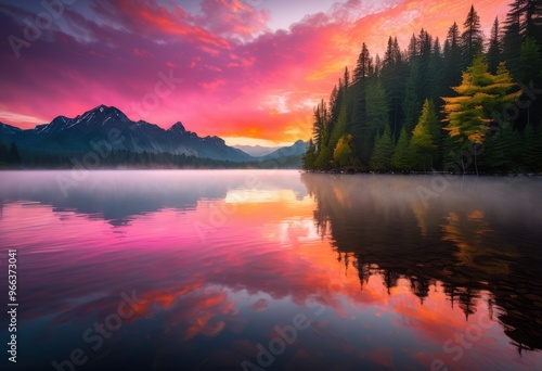 Wallpaper Mural breathtaking sunrise over calm lake waters surrounded lush greenery soft reflections sky, tranquility, nature, landscape, colors, clouds, trees, scenery Torontodigital.ca