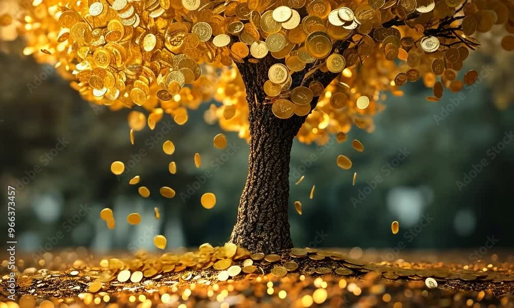 A tree with gold coins falling from it