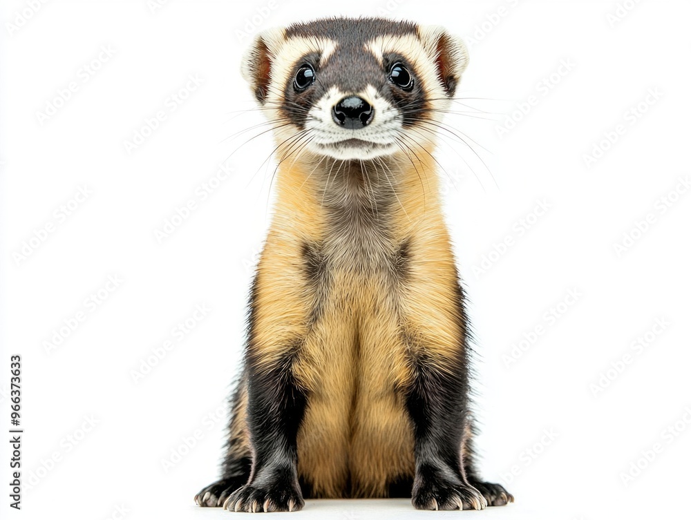 curious black-footed ferret stands on its hind legs, displaying its iconic masked face with an inquisitive expression, perfectly isolated against a pristine white background. curious black-footed ferret stands on its hind legs, displaying its iconic masked face with an inquisitive expression, perfectly isolated against a pristine white background.