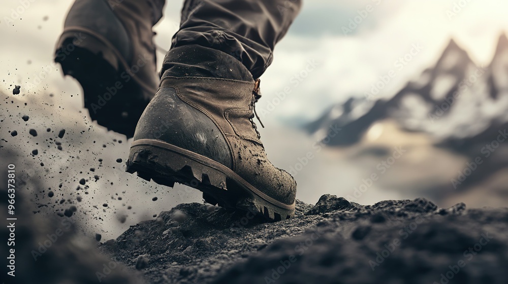 A hiker's well-worn boots navigate rocky terrain in a mountainous landscape under a dramatic sky during daylight A hiker's well-worn boots navigate rocky terrain in a mountainous landscape under a dramatic sky during daylight
