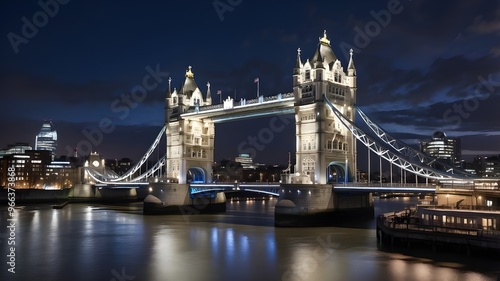 The famous Tower Bridge in London, which highlights the splendor of the city's old architecture, was photographed at night with its lights reflecting off the Thames River.
 #966373868