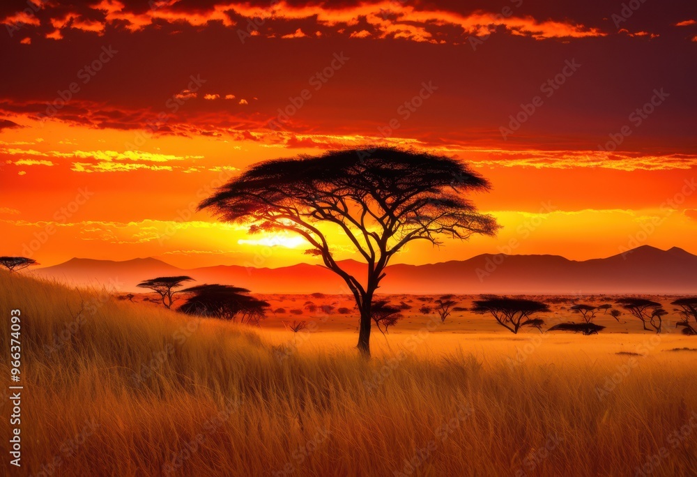 Obraz premium expansive savanna landscapes showcasing rich textures colors beneath vibrant sunset horizon fiery skies silhouetted trees, sky, nature, scenery, evening