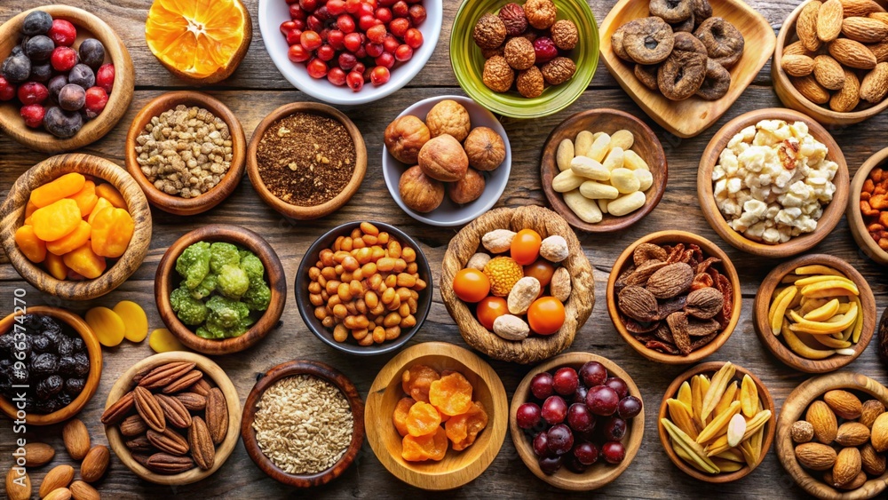 A Vibrant Flat Lay Display of Healthy Snacks Including Nuts and Dried Fruits Perfect for Nutritional Promotion A Vibrant Flat Lay Display of Healthy Snacks Including Nuts and Dried Fruits Perfect for Nutritional Promotion