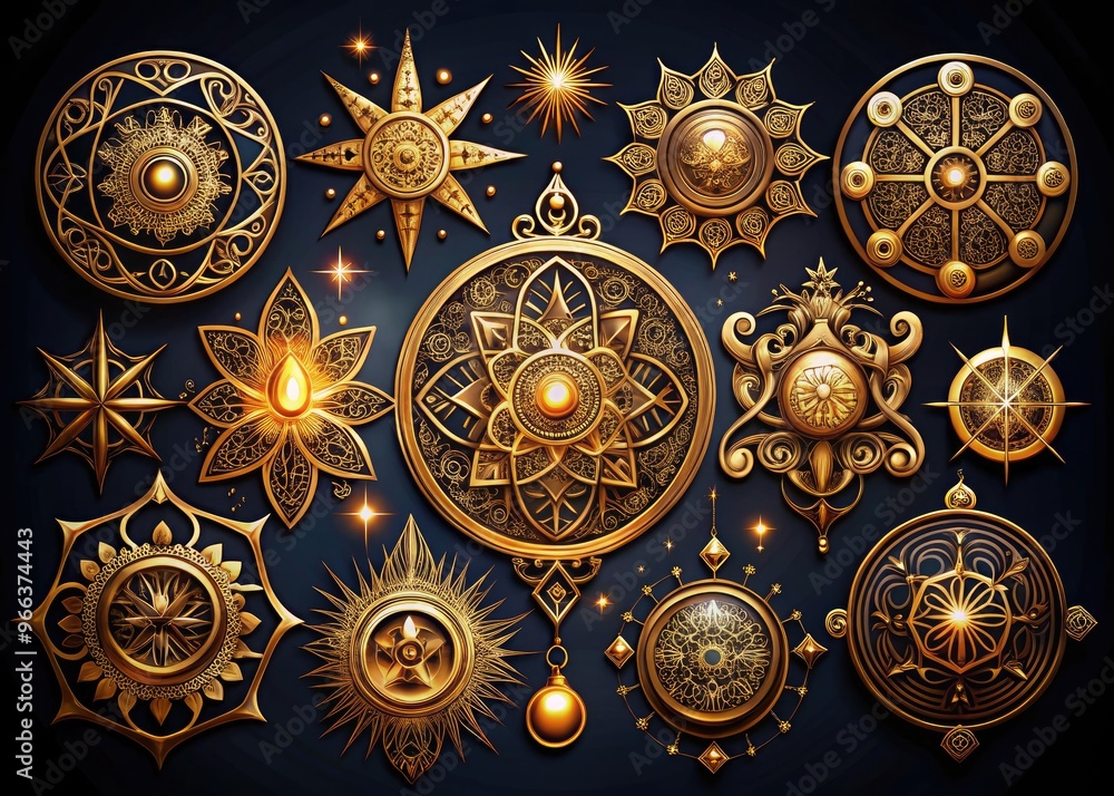 A mystical collection of shimmering, ancient symbols and magical emblems, adorned with intricate details, golden filigree, and mysterious, glowing runes, evoking mysticism and enchantment. A mystical collection of shimmering, ancient symbols and magical emblems, adorned with intricate details, golden filigree, and mysterious, glowing runes, evoking mysticism and enchantment.