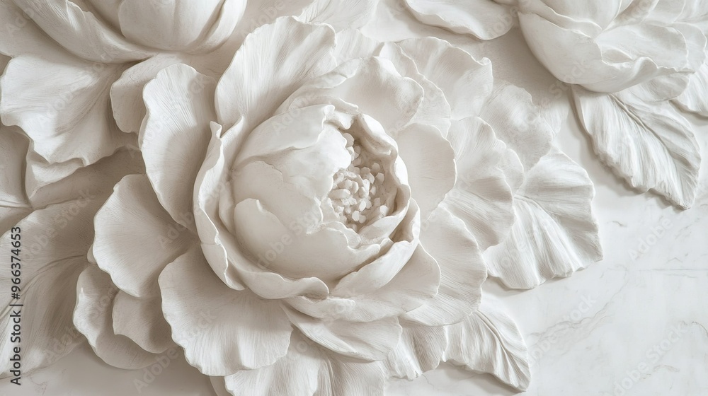Elegant white floral relief sculpture featuring intricately carved peonies against a smooth background Elegant white floral relief sculpture featuring intricately carved peonies against a smooth background