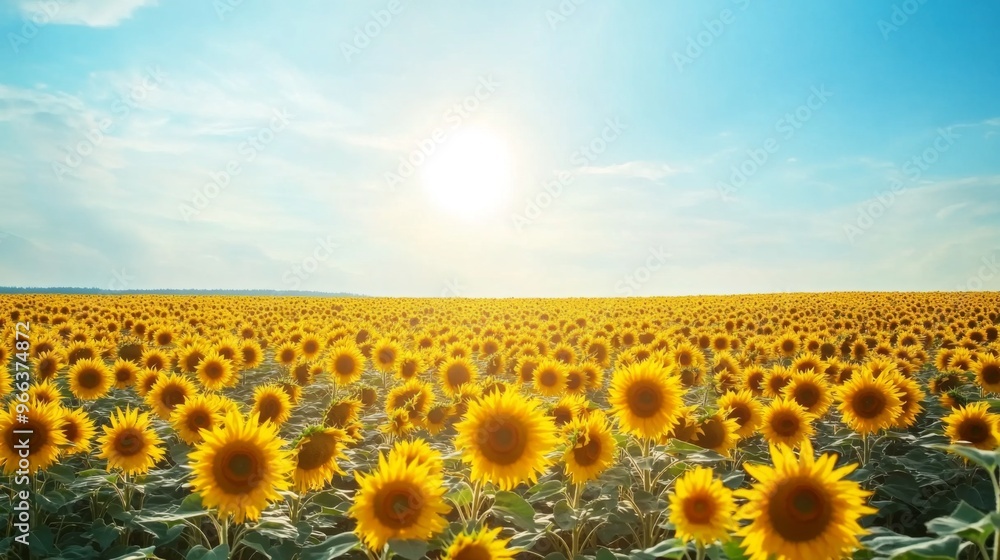 Fototapeta premium A vast sunflower field in full bloom under a clear blue sky, with rows of bright yellow flowers facing the sun, symbolizing summer and nature beauty.