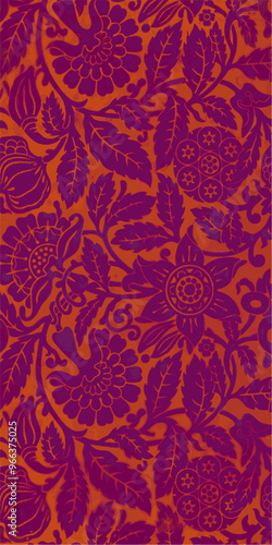 A vintage floral pattern with purple flowers and leaves on an orange background, suggesting elegance and intricate detail.