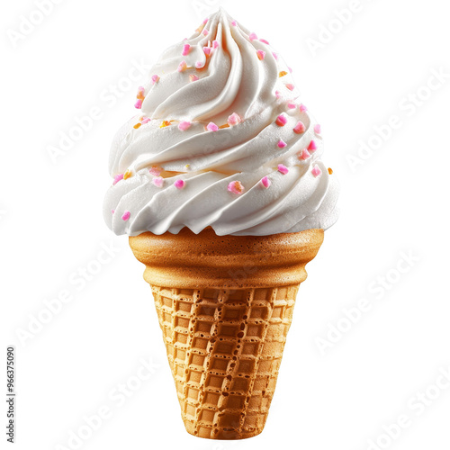 Vanilla Ice Cream Cone with Sprinkles Isolated on White Background, vanilla ice cream, ice cream cone, sprinkles, dessert photo