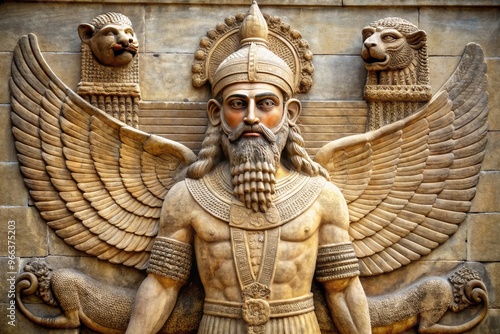 Ancient Mesopotamian deity with horned crown and wings, standing powerfully with a lion, symbolizing air, storms, and divine authority in a mythical landscape. photo