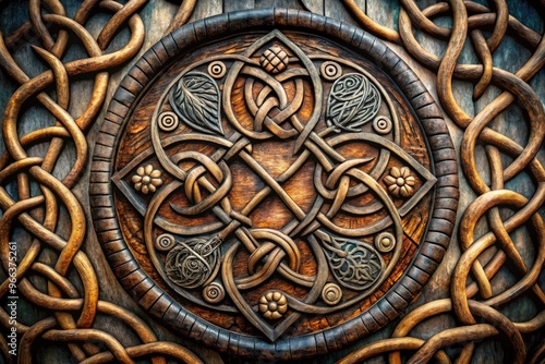 Ancient Nordic-inspired font intricately crafted with mystical runes, adorned with swirling vines and Celtic knot patterns, evoking a sense of mysterious ancestral heritage. photo