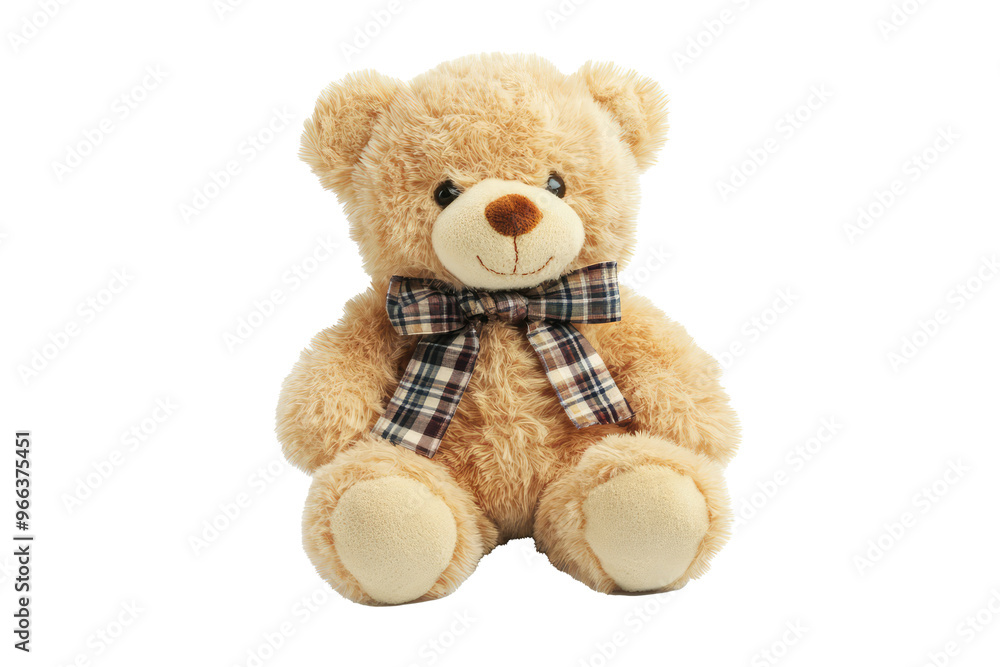 Obraz premium An image of a soft and fluffy teddy bear featuring a cozy checkered ribbon bow tie, exuding warmth and comfort, perfect for children's gifts or thematic decorations.