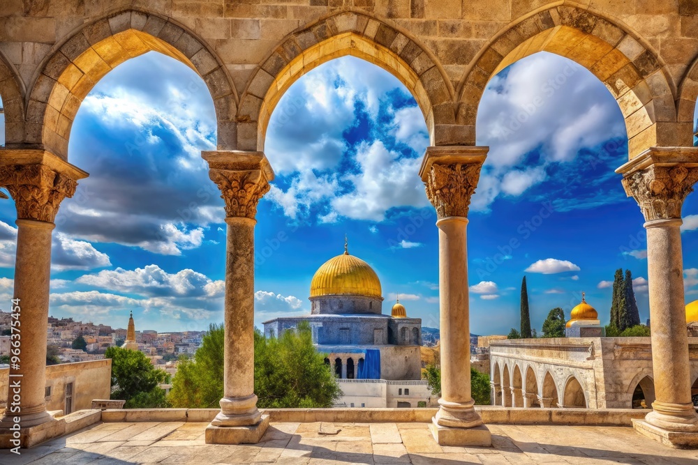 Fototapeta premium Ancient stone columns and arches adorn the majestic Temple's facade, set against a vibrant blue sky with Jerusalem's historic Old City landscape in the background.