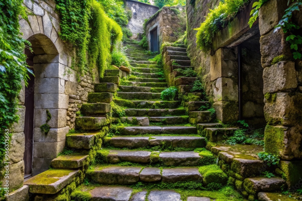 Ancient weathered stone stairs with moss-covered steps and crumbling walls, set amidst lush greenery, evoking a sense of mysticism and forgotten centuries. Ancient weathered stone stairs with moss-covered steps and crumbling walls, set amidst lush greenery, evoking a sense of mysticism and forgotten centuries.