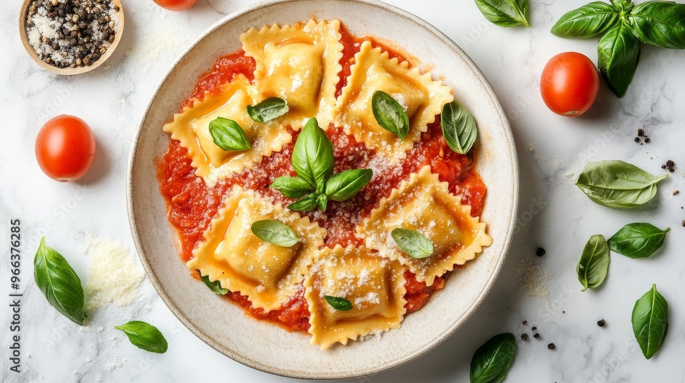 Ravioli with ricotta, tomato sauce and basil, white marble background, top view. Ravioli with ricotta, tomato sauce and basil, white marble background, top view.