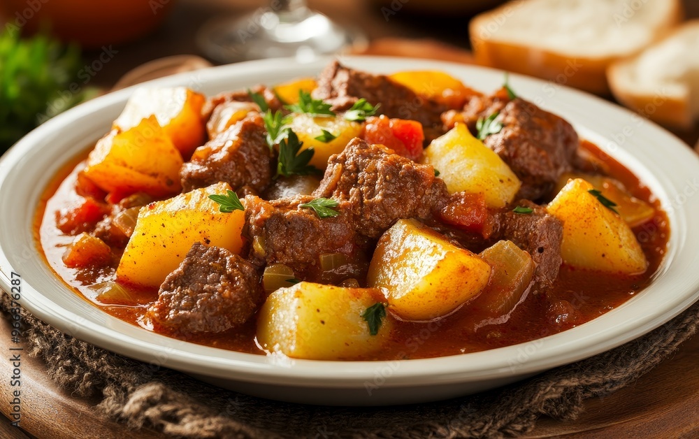A hearty beef stew with potatoes and vegetables, served in a white bowl, perfect for a comforting meal. A hearty beef stew with potatoes and vegetables, served in a white bowl, perfect for a comforting meal.