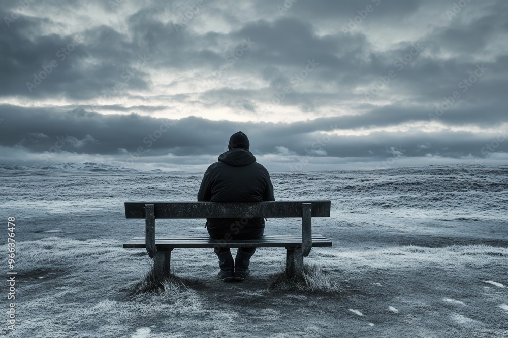 A solitary figure sitting on a bench by the stormy sea, reflecting on life amidst moody clouds and turbulent waves. A solitary figure sitting on a bench by the stormy sea, reflecting on life amidst moody clouds and turbulent waves.