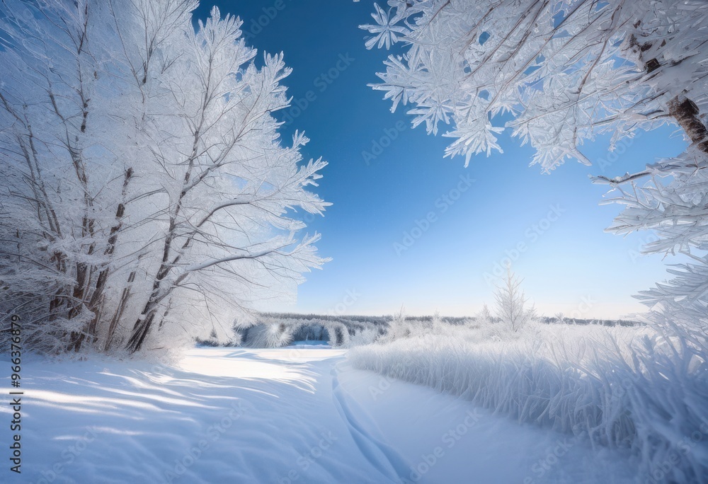 Obraz premium gentle snowflakes descending peaceful winter wonderland surrounded frosty trees blanketed ground, snowfall, wintertime, landscape, beauty, serene, tranquil