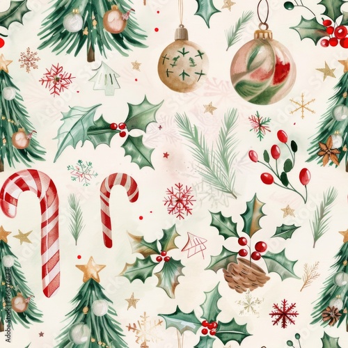 Festive seamless pattern with christmas trees, ornaments, and holly for holiday design. AI