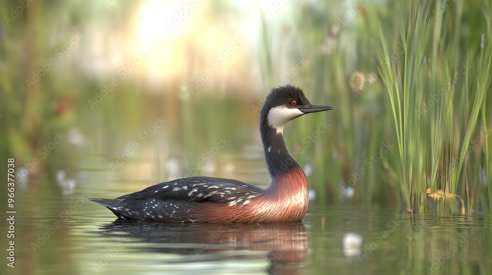 Obraz premium Black-necked Grebe Bird in Nature, Photo Realistic, Wallpaper, Cover and Screen for Smartphone, PC, Laptop, 9:16 and 16:9 Format