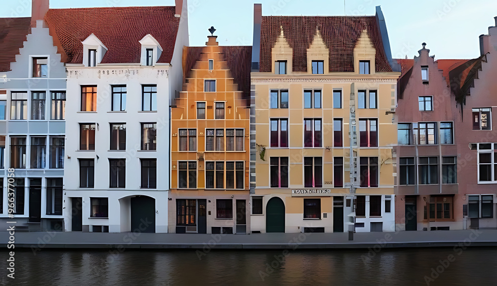 Fototapeta premium row colorful houses bruges canals houses roofs