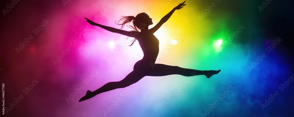 A graceful dancer leaps elegantly against a vibrant, colorful backdrop, capturing the essence of movement and artistry in the moment. A graceful dancer leaps elegantly against a vibrant, colorful backdrop, capturing the essence of movement and artistry in the moment.