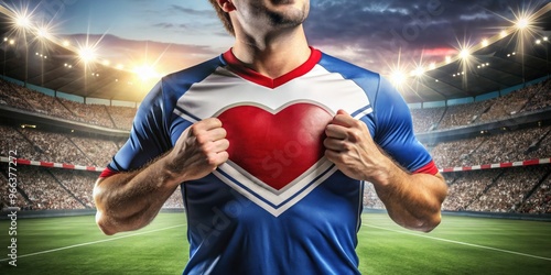 A passionate football fan proudly wears a jersey with a heart-shaped emblem on the chest, showcasing their love for the sport and their favorite team. photo