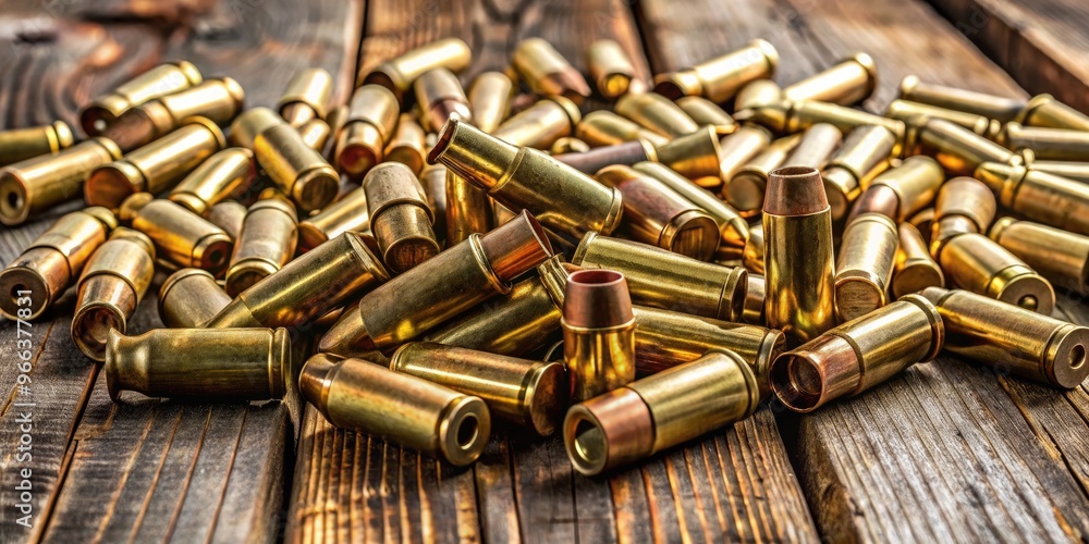 A pile of brass-cased ammunition with copper-tipped bullets lies scattered on a worn wooden surface, surrounded by empty cartridges and a few stray shells. A pile of brass-cased ammunition with copper-tipped bullets lies scattered on a worn wooden surface, surrounded by empty cartridges and a few stray shells.