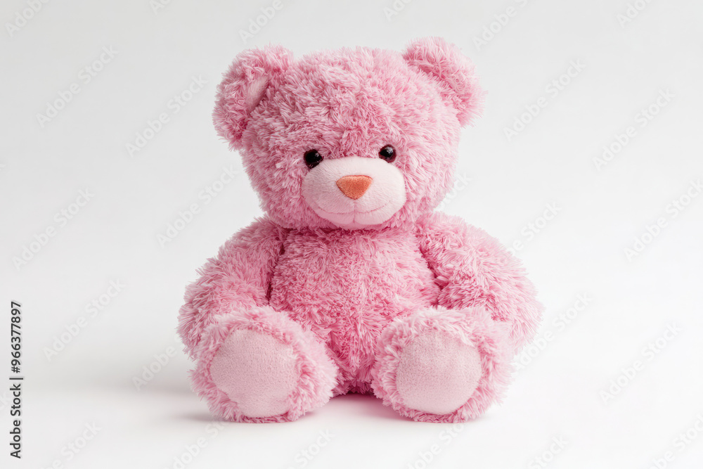 A cute pink teddy bear with a fluffy texture is seated on a plain white background, evoking feelings of warmth, comfort, and nostalgia. A cute pink teddy bear with a fluffy texture is seated on a plain white background, evoking feelings of warmth, comfort, and nostalgia.